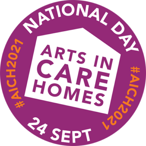 The Arts In Care Homes logo in a purple circle surrounded by #AICH2021