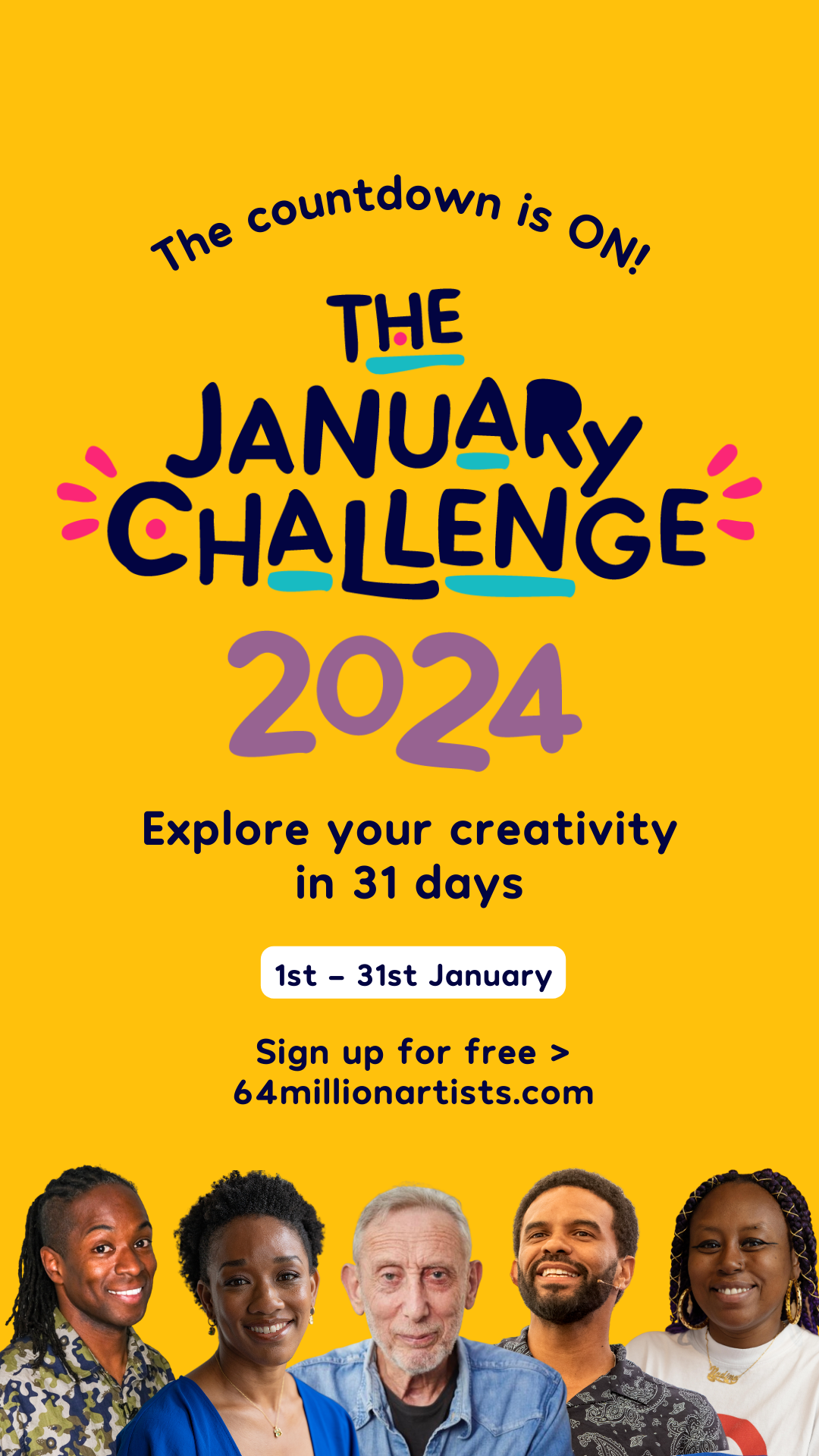 A post that says '31 days to explore your creativity. The January Challenge 2024. Sign up for free today. 64millionartists.com'