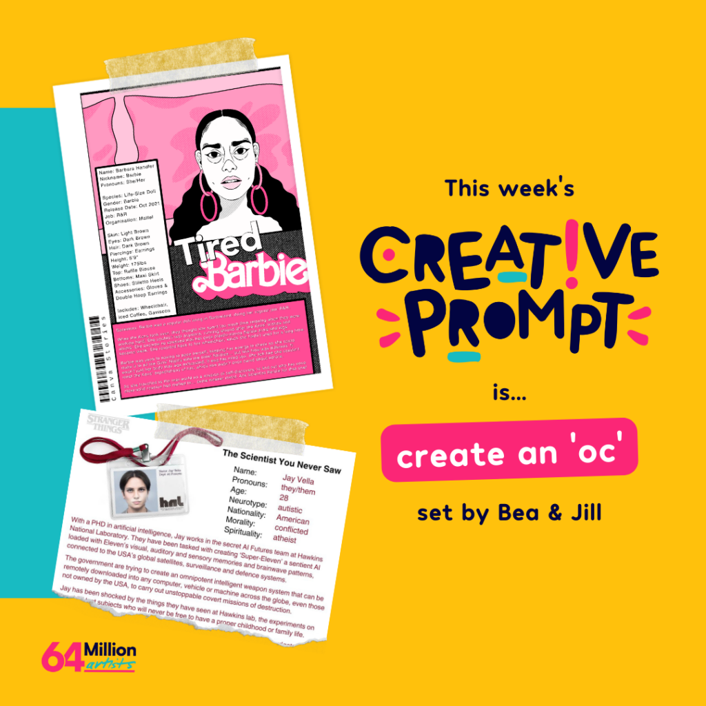 A graphic that reads ‘This week’s creative prompt is ‘Create and ‘OC’ by Bea and Jill’. Pictured are two ‘Original Character’ written and illustrated profiles that look like they are stuck down with tape.