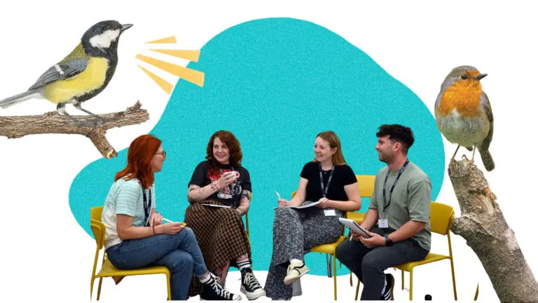 A group of four participants sitting in a semi-circle in front of a teal blob background with birds chirping on branches on either side